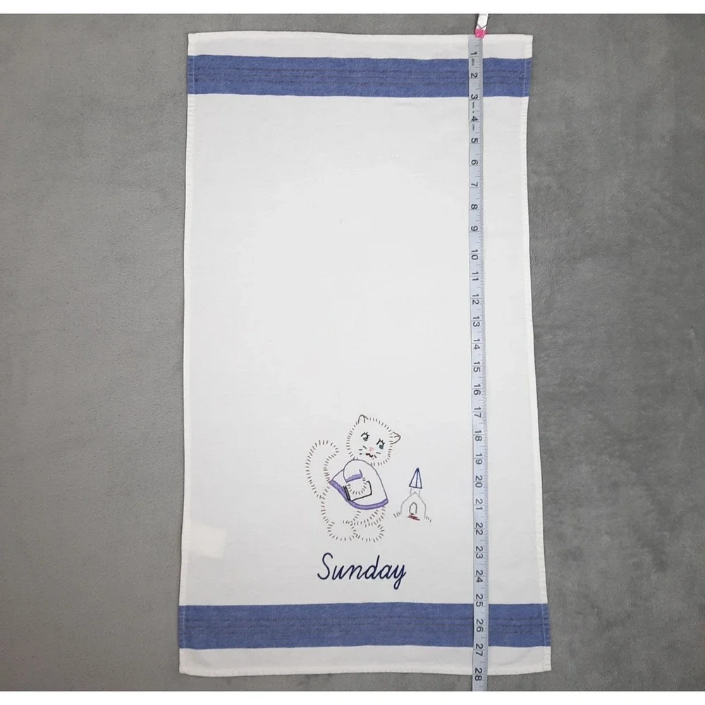 Vintage Cat Tea Towel Kitchen Embroidered Sunday Kitty‎ Church Day of the Week